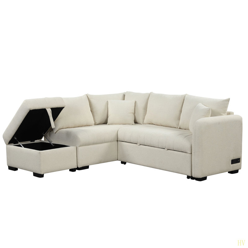 Canapé-lit modulaire en forme de L de 82,6 po avec deux ports USB, deux prises de courant et un repose-pieds de rangement mobile