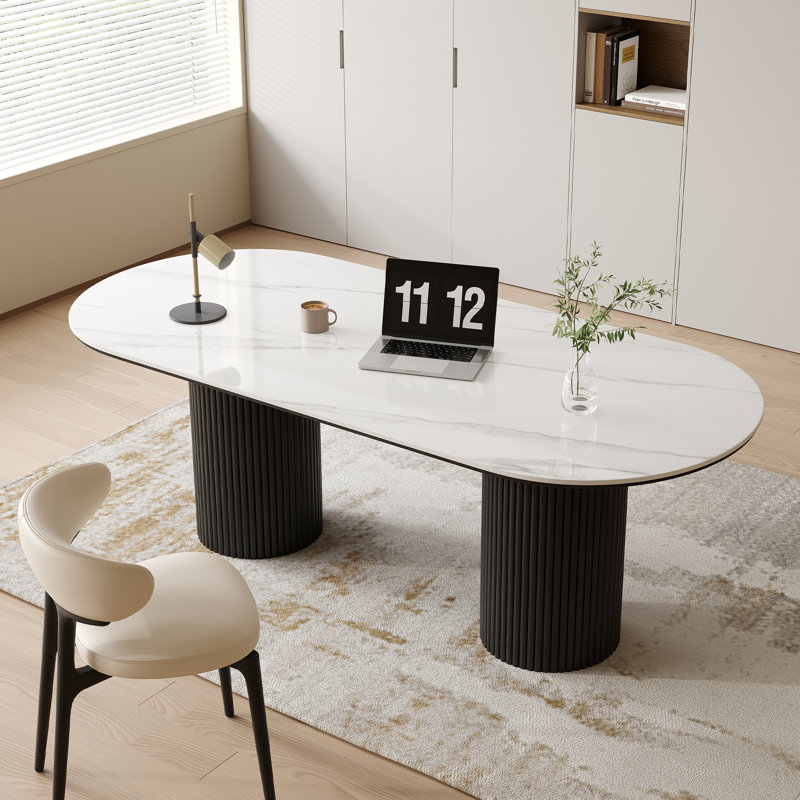 Bureau d'écriture ovale moderne, table de bureau brillante, avec deux pieds en bois massif, Blanc/Noir