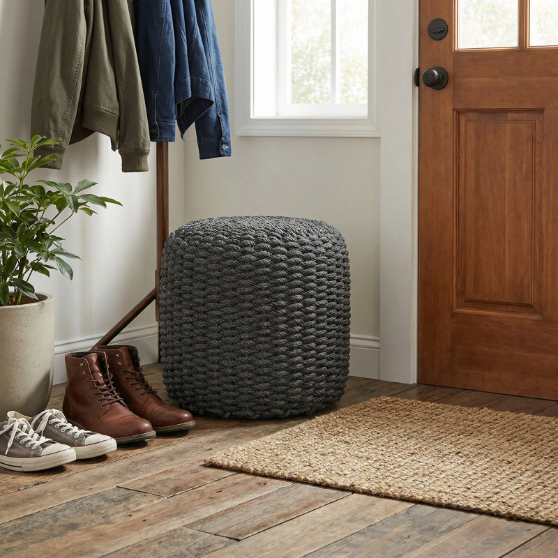 Dinwiddie Round Rope Pouf Ottoman, Grey Fabric