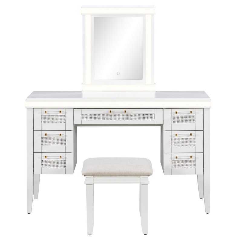 Meuble-lavabo 48 po avec miroir et lumières, coiffeuse de maquillage avec 7 tiroirs et tabouret rembourré, coiffeuse à finition beige classique avec tiroir à design creux