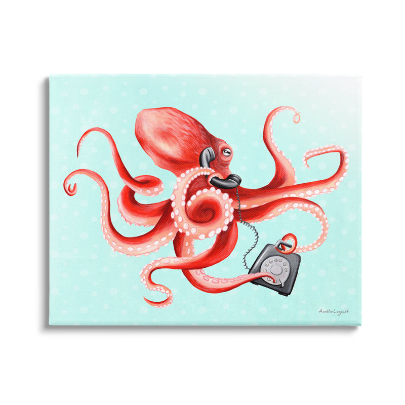 " Red Ombre Octopus Tentacles Retro Rotary Phone " by Amelie Legault, 24" H x 30" W x 1.5" D