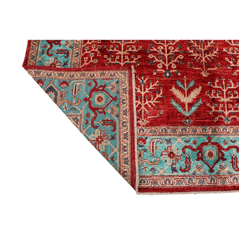 Tapis rouge / bleu sarcelle en laine noué à la main de conception unique 7 pi 10 po x 10 pi