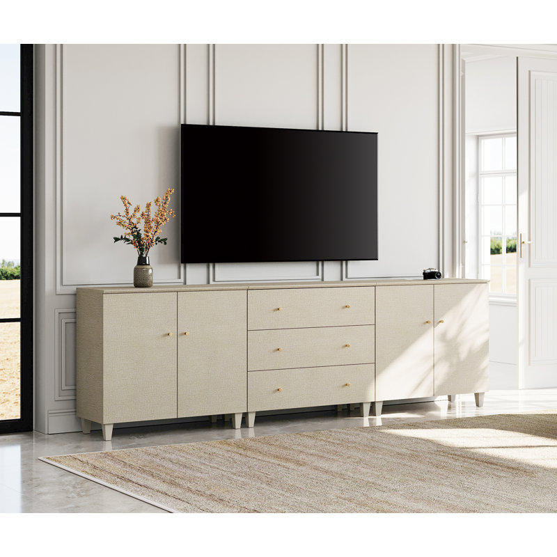 3-In-1 Wooden TV Stand With Cabinets And Drawers For Tvs Up To 100+ Inches, 106", Beige Wood