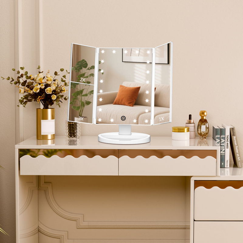 Modern Rectangle Tri-Fold LED Lighted Vanity Magnifying Makeup Mirror, White, White
