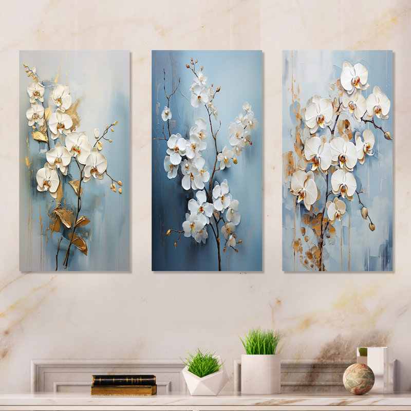 Beige And Gold Orchids Simplicity - Orchids Metal Wall Art Set Of 3, 28" H x 36" W
