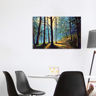 Foggy Forest with Sunny Sunshine Trees Modern 1 Piece Wrapped Canvas Painting