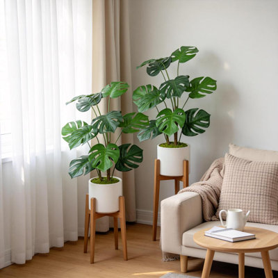 Set of 2 Artificial Monstera Deliciosa Plant with White Pot