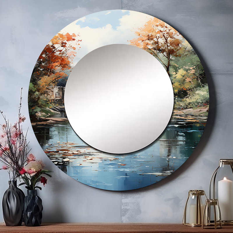 «Beige Bridge Impressionist Waterscape An - Bridges Unique Wall Mirror», miroir rond traditionnel, reproduction d'art en métal