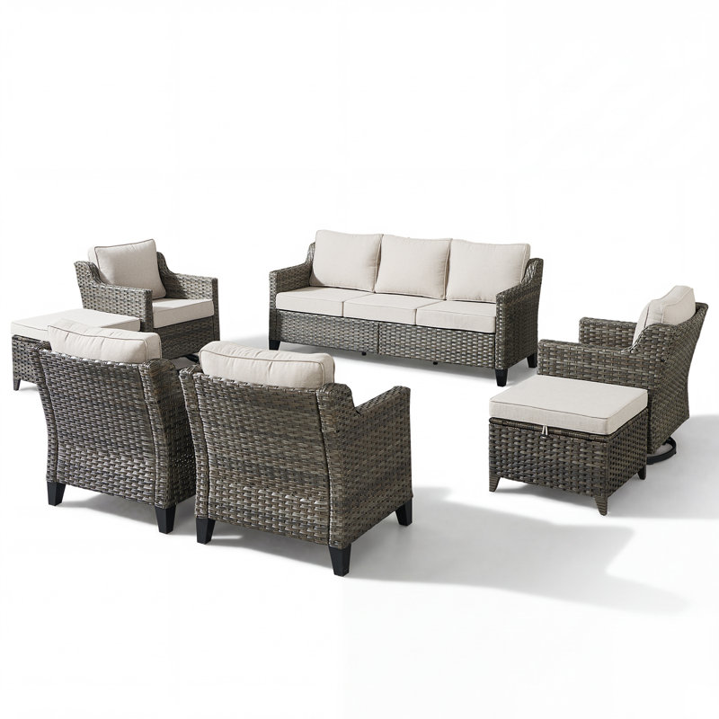 Arlene 7-9 Person Outdoor Courtyard Wicker Family Conversation Set Group With Swivel Chairs, Beige