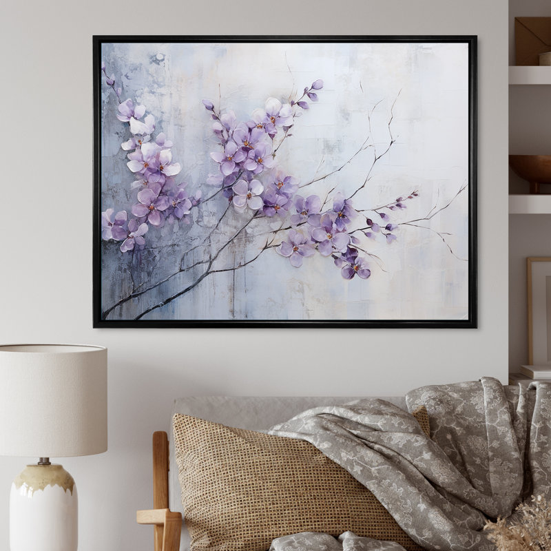 Art mural violet pour le salon, H 24 po x l 32 po x P 1 po, Cadre flottant noir
