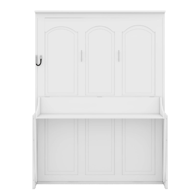 Grand lit escamotable avec bureau, lit escamotable mural avec lumières DEL et ports USB, cadre de lit mural grand, Blanc