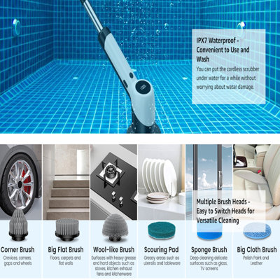 Cleaning Brush Electric Spin Scrubber - Lightweight Scrubber with 7 Replaceable Brush Heads IPX7 Waterproof Spin Scrubber with 2 Speeds Tub Cleaner Brush with Long Handle 55 in Electric Floor Scrubber