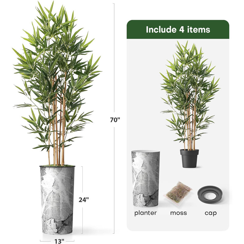Artificial Tree in Contemporary Geometric Pattern Planter Fake Bamboo Silk Tree Plant Pot Plus Tree, Marble Dark Gray