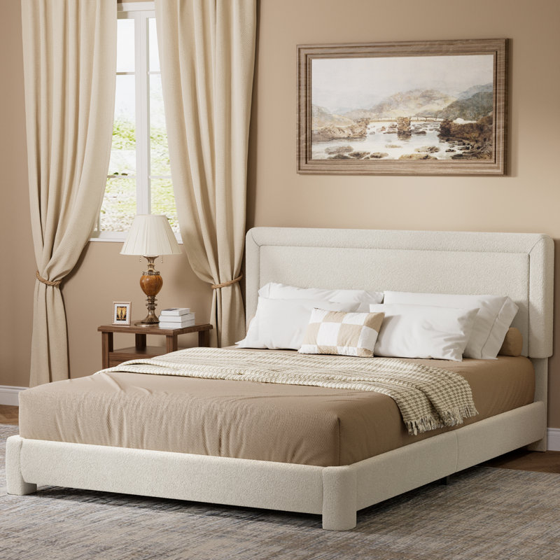 Structure de lit tapissier avec tête de lit, aucun sommier requis, Beige, Double