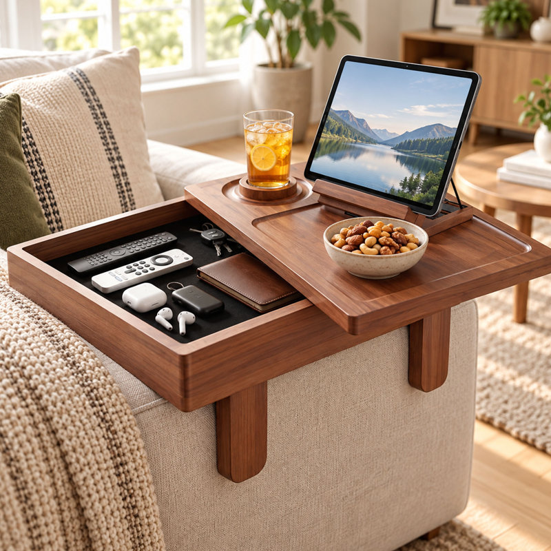 Table d'accoudoir ajustable pour canapé avec rangement dissimulé, porte-gobelet et support pour téléphone