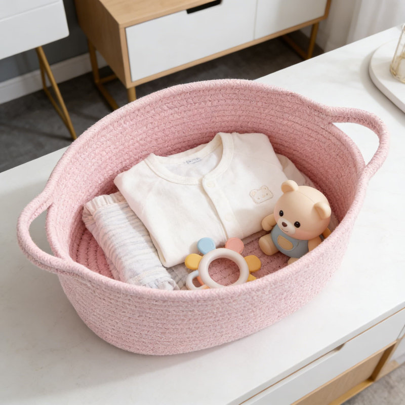 Handwoven Cotton Storage Basket With Reinforced Handles, Collapsible Decorative Organizer For Nursery, Home, And Gift Giving