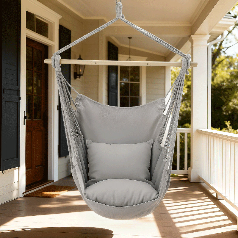 Hanging Swing Chair With Cushions & Mounting Hardware 350Lb Capacity Bohemian Style Hammock Chair For Indoor Outdoor, Gray