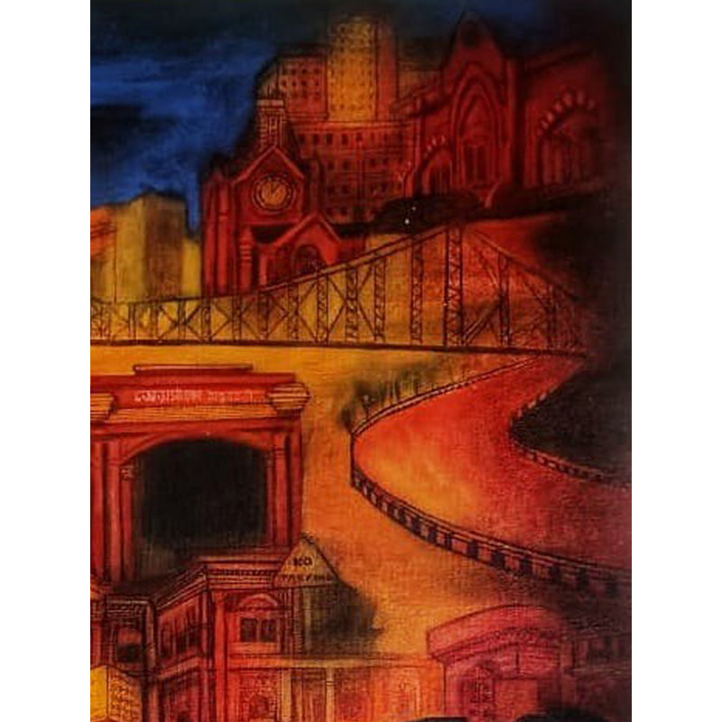 Le train qui court dans la ville de Kolkata | Gris anthracite et acrylique sur toile | Par Payel Mitra