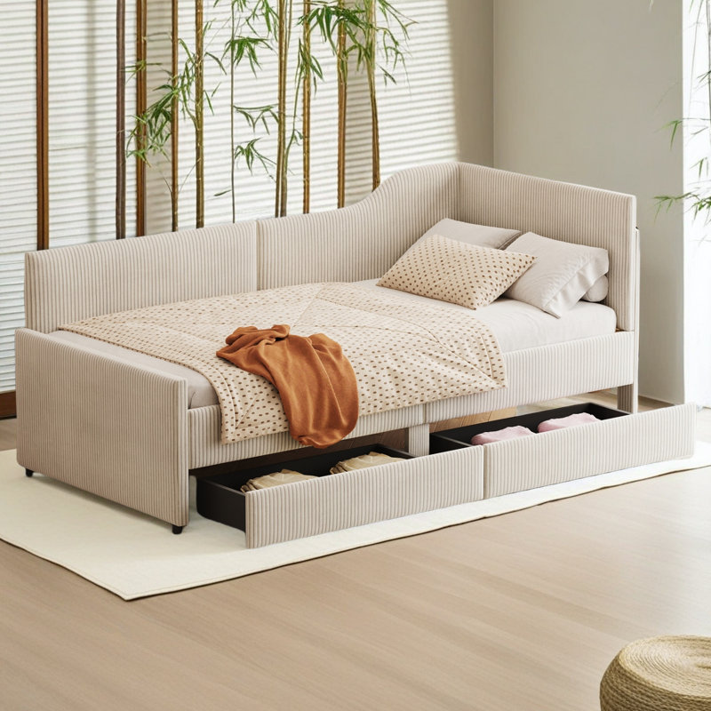 Twin Size L-Shaped Corduroy Daybed,Upholstered Bed Frame With 2 Storage Drawers, Beige