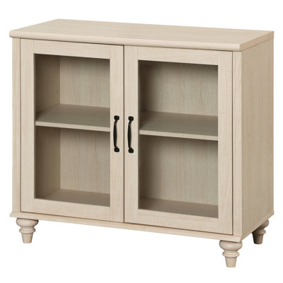 End Table For Bedroom With 2 Glass Doors, Mid Century Modern Wooden Closet Storage Organizer, Light Beige