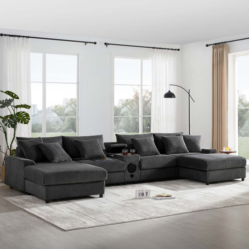 Canapé modulaire 144 * 64 po en velours côtelé avec haut-parleurs Bluetooth, canapé en U avec console, chargeur USB, porte-gobelets, rangement, repose-pieds, canapé à sièges profonds et larges pour salon et appartement