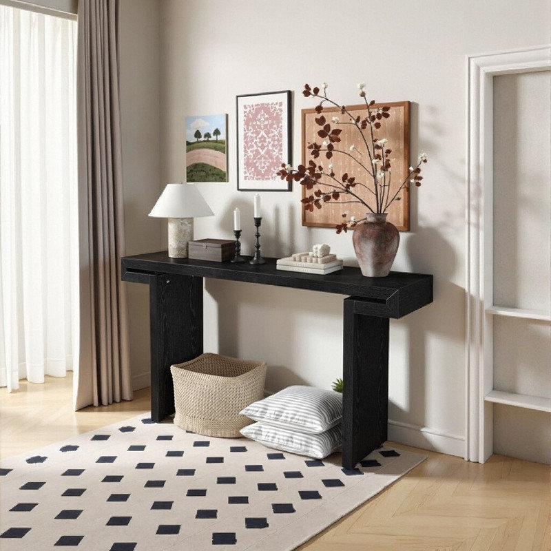 Console de 60 pouces avec rangement ouvert, fabrication en placage de bois massif, Noir