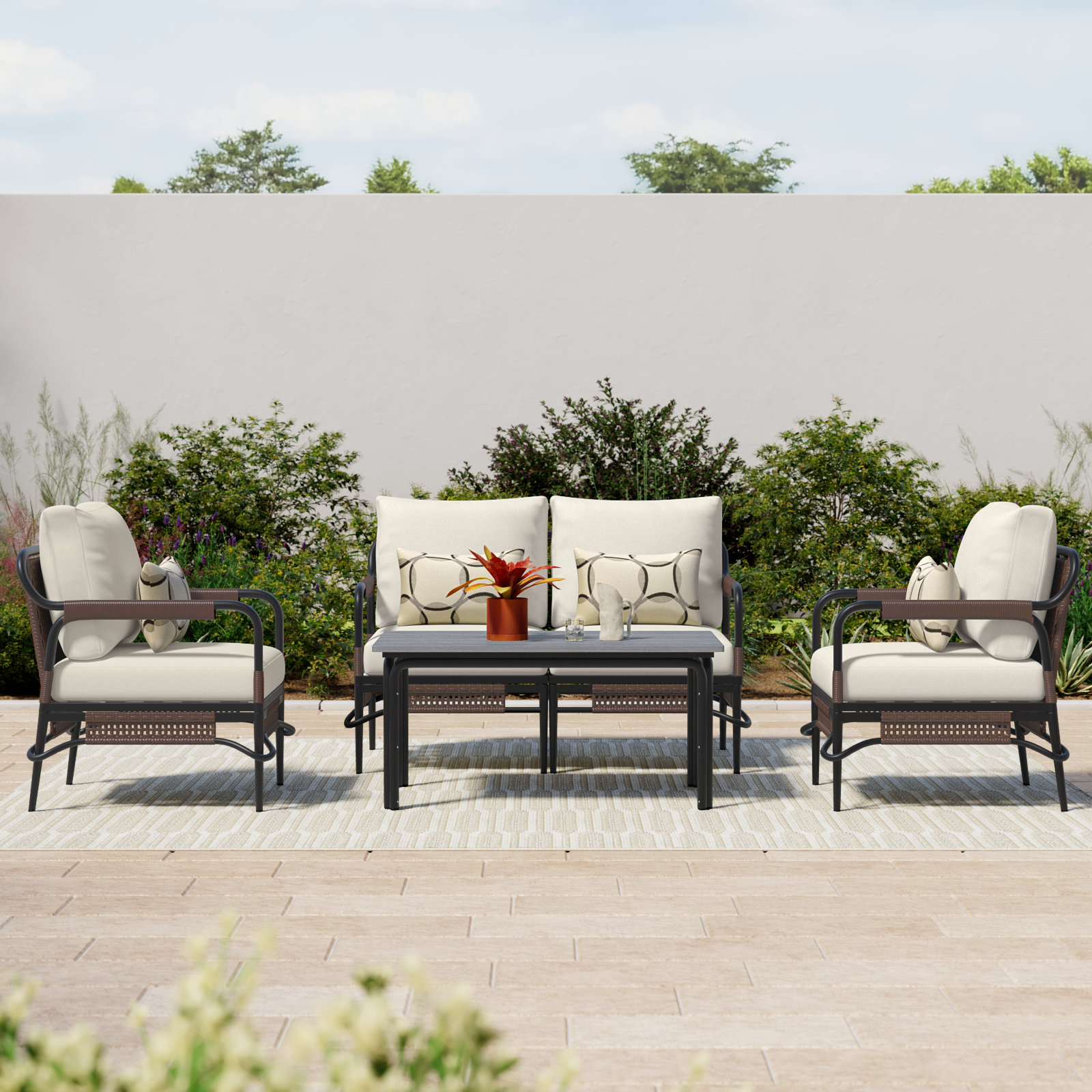 Hope 4 Piece Sofa Seating Group with Cushions, Dark Gray Frame/Beige Polyester Cushion