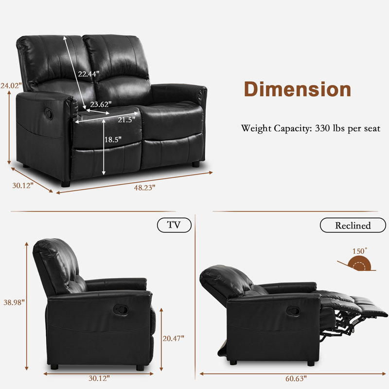 PU Leather Upholstered Manual Reclining Loveseat Sofa, Black