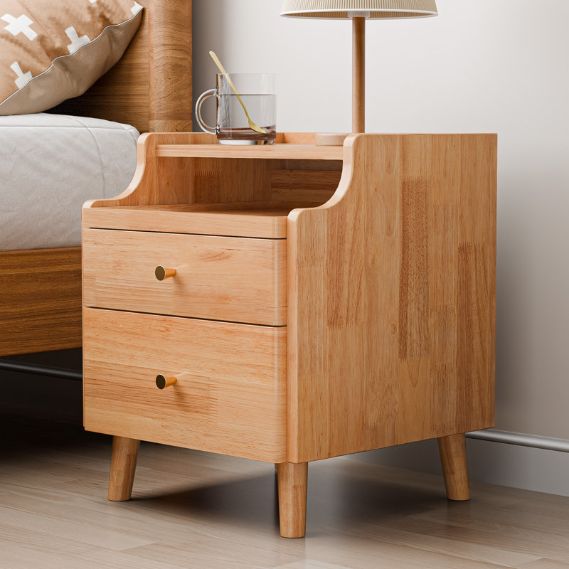 19.7" H Nightstand with Drawers, Pre-Assembled, Natural Solid Wood Night Stand with Open Sliding Shelf, Natural Oak