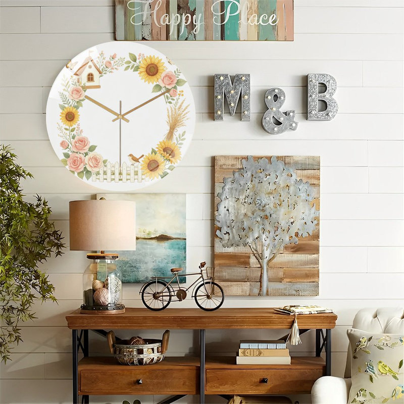 Horloge murale silencieuse en verre trempé de 30 cm, motif « Couronne florale avec 1 », sans tic-tac, fonctionne avec des piles AA (non incluses), décoration artistique pour la maison