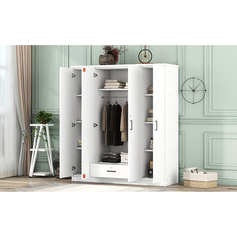 Garde-robe blanche à 4 portes avec 1 tiroir - Créez une belle chambre à coucher verrouillable moderne pour