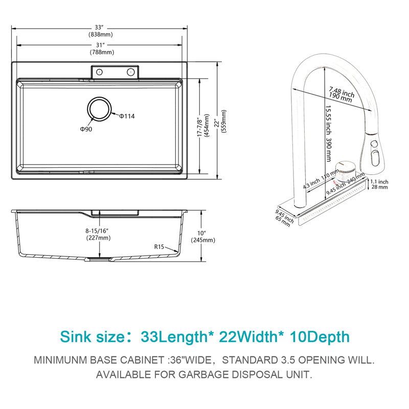 Drop In Waterfall Kitchen Sink - 33X22" White Composite Granite Quartz Single Bowl Workstation Kitchen Sink With Pull-Out Faucet