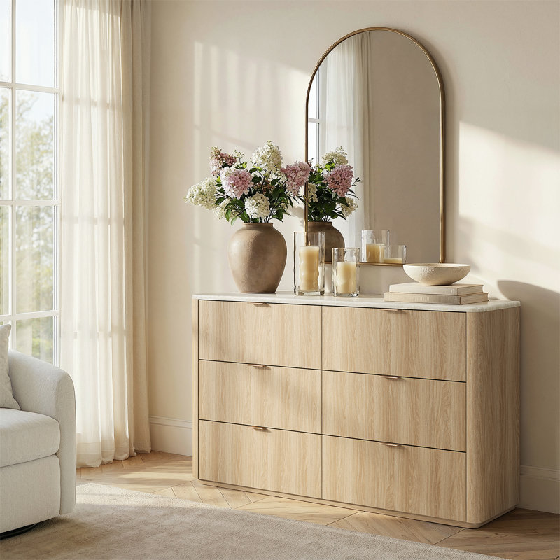 Corentin 53.9" Wide Dresser 6 Drawers With Storage Modern Faux Travertine Wood Chest For Bedroom, Beige/Natural Oak
