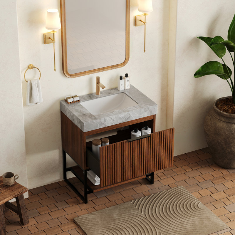 Meuble-lavabo de salle de bain avec lavabo, armoire de rangement autoportante en contreplaqué rayé avec tiroir, tablette ouverte