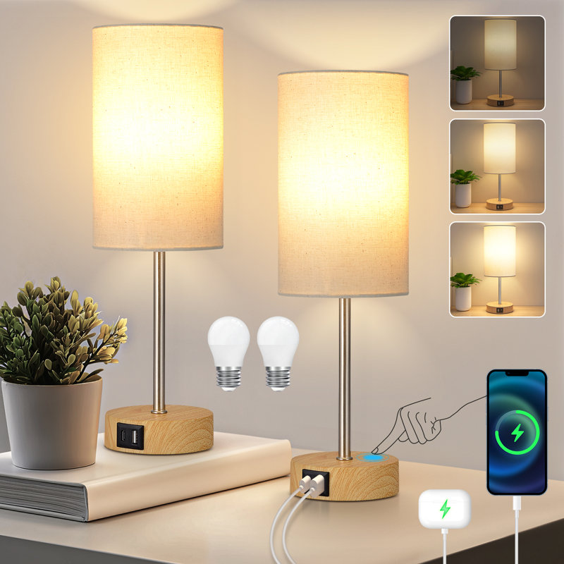 14'' Minimal 3-Way Dimmable Table Lamp Set, Touch Control (2 LED Bulbs Included), Beige