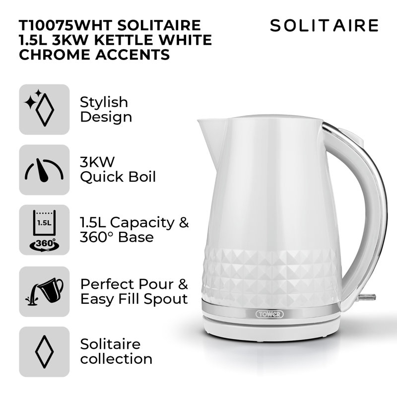 Tower T10075 Solitaire Kettle with 360° Swivel Base Cord Storage 1.5L 3KW, White