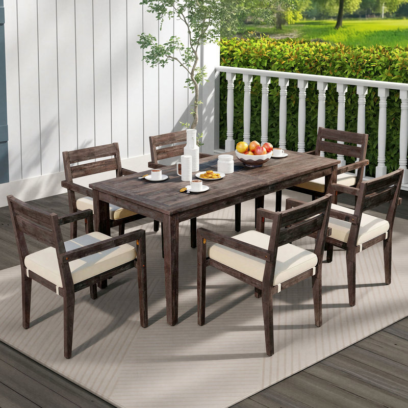  7-Pieces Acacia Soild Wood Outdoor Dining Set with Soft Thinker Cushions, Coffee Brown