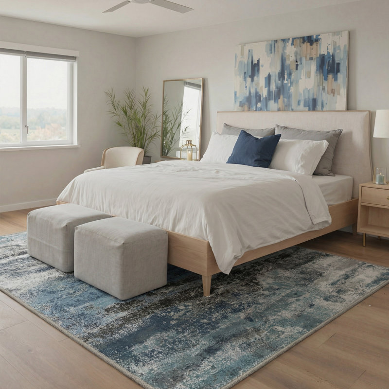 Comeau Aura Modern Abstract Machine Washable Blue / White / Black Indoor Area Rug with Non-Slip Backing, Rectangle 6' x 9'