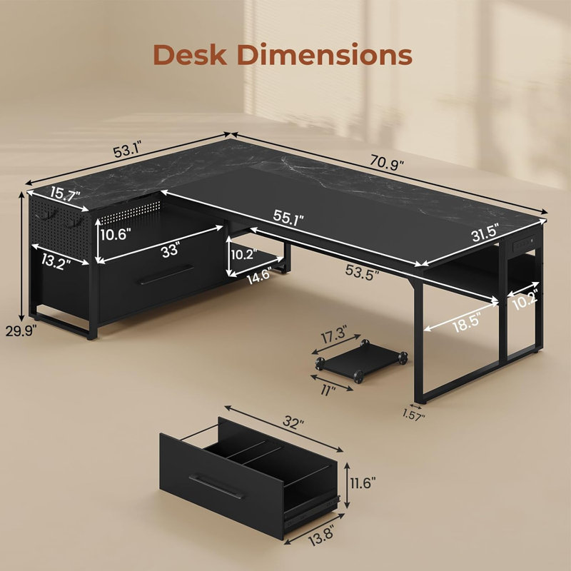 71" L-Shaped Executive Desk, Large Office Desk With Widen File Drawers and Power Outlets, Marble Black