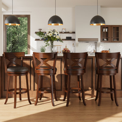 Danazia 30" Traditional Brown Faux Leather Swivel Bar Stool with X Back for Kitchen (Set of 4)