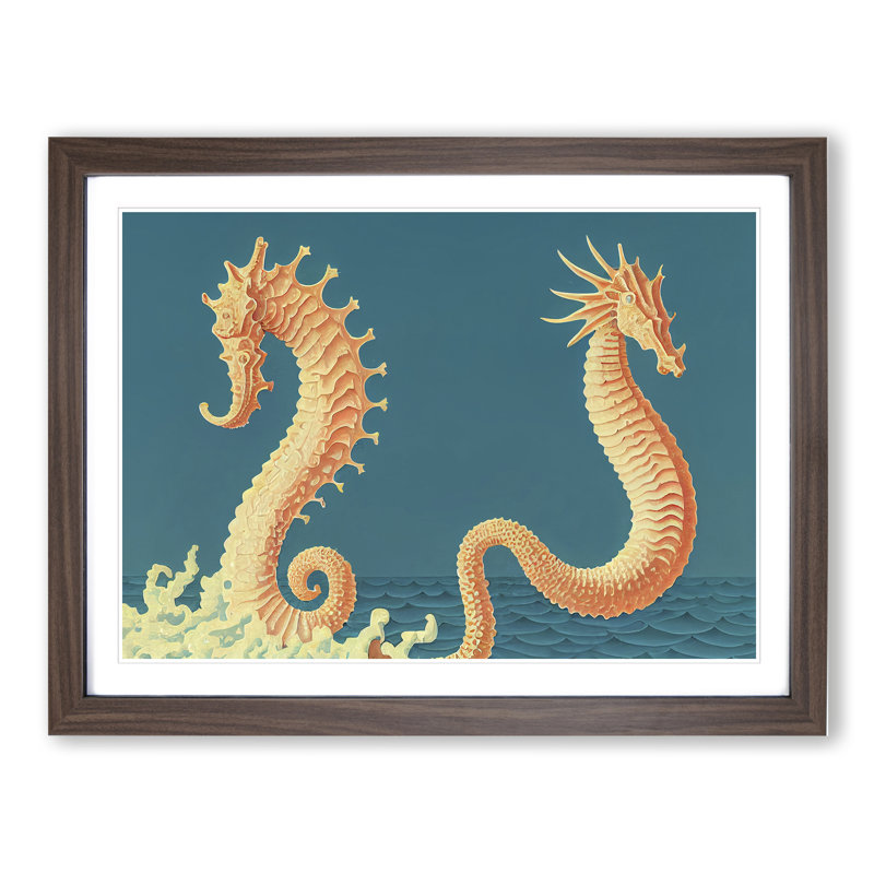Two Seahorse - Single Picture Frame Print, 25cm H x 34cm W x 2cm D, Walnut Framed