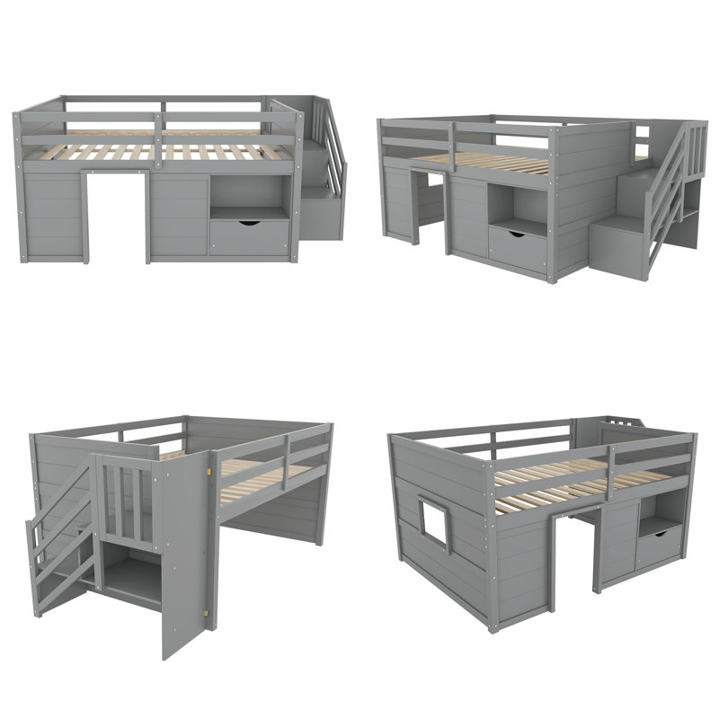 Lit mezzanine double bas avec escalier intégré, tiroir de rangement et tablette, cadre de lit pour enfant en bois de pin massif avec lumières DEL