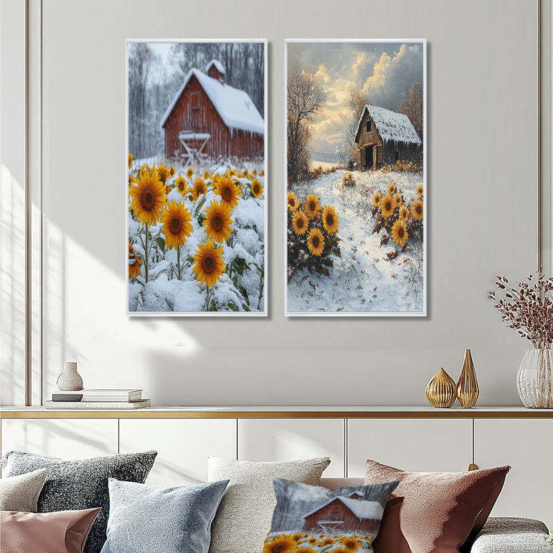 Tournesols par la boîte à outils Frosty I - Collection d'art mural floral 2 panneaux, H 40 po x l 41 po, Cadre flottant blanc