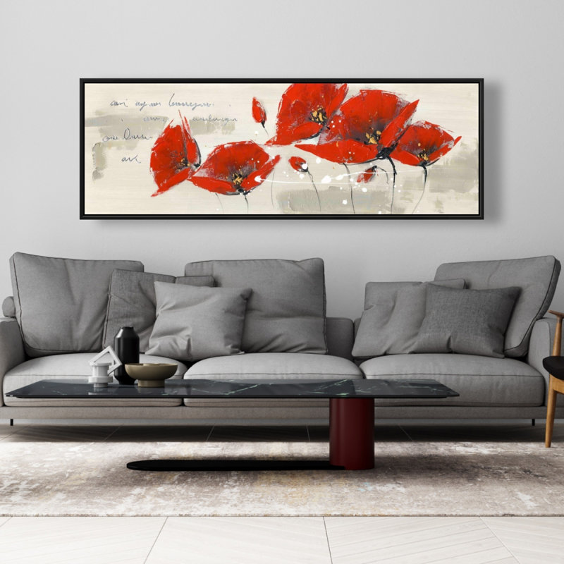 Fleurs rouges imprimées à la main «Typo» - toile beige botanique, H 61,25 po x l 21,25 po