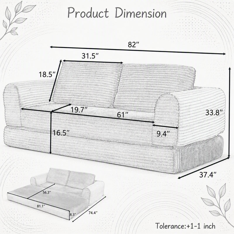 Canapé-lit pliant convertible 2-en-1 avec revêtement en velours côtelé et fonction de couchage coulissante pour les espaces de vie modernes.