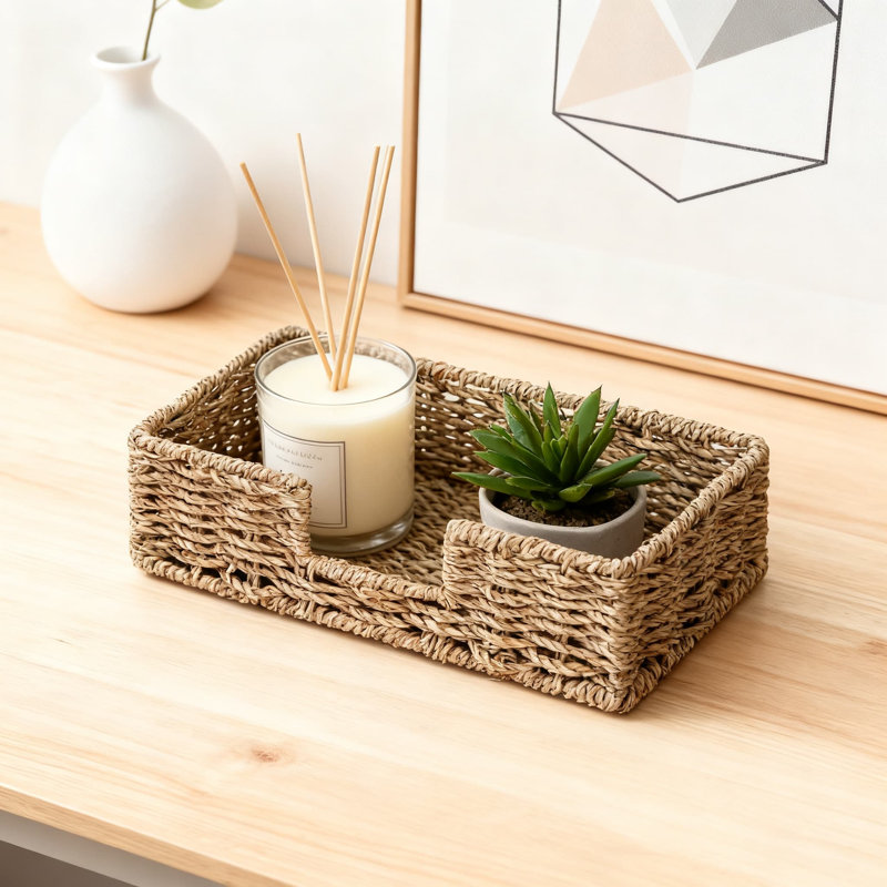 Handwoven Storage Basket, Natural Wicker Organizer For Napkins, Towels, Office Supplies, And Remote Controls, Natural