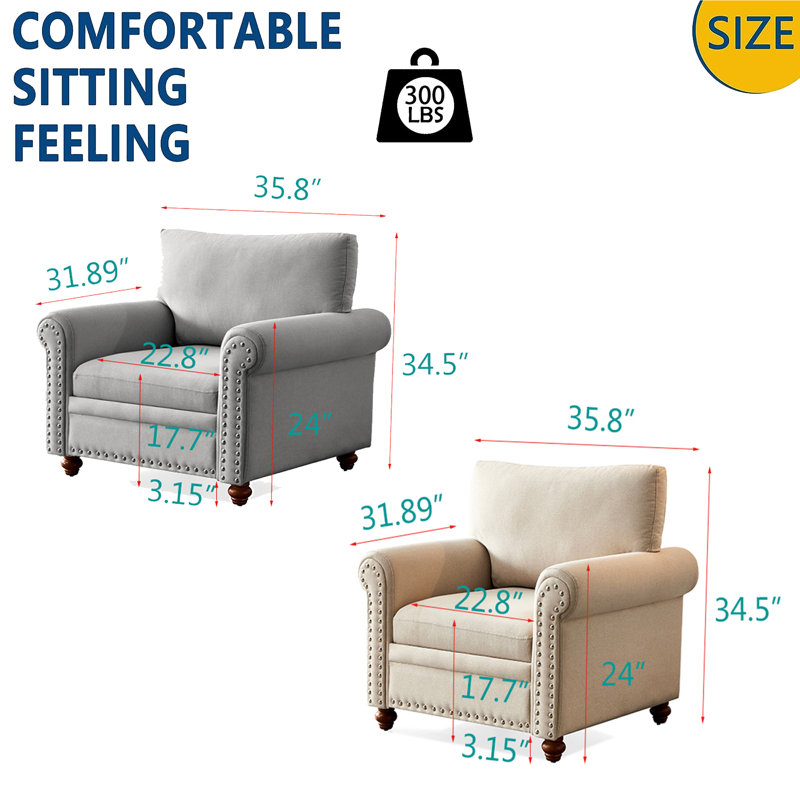 Fauteuil large de 35,8 po Zeferino, 100 % polyester gris clair