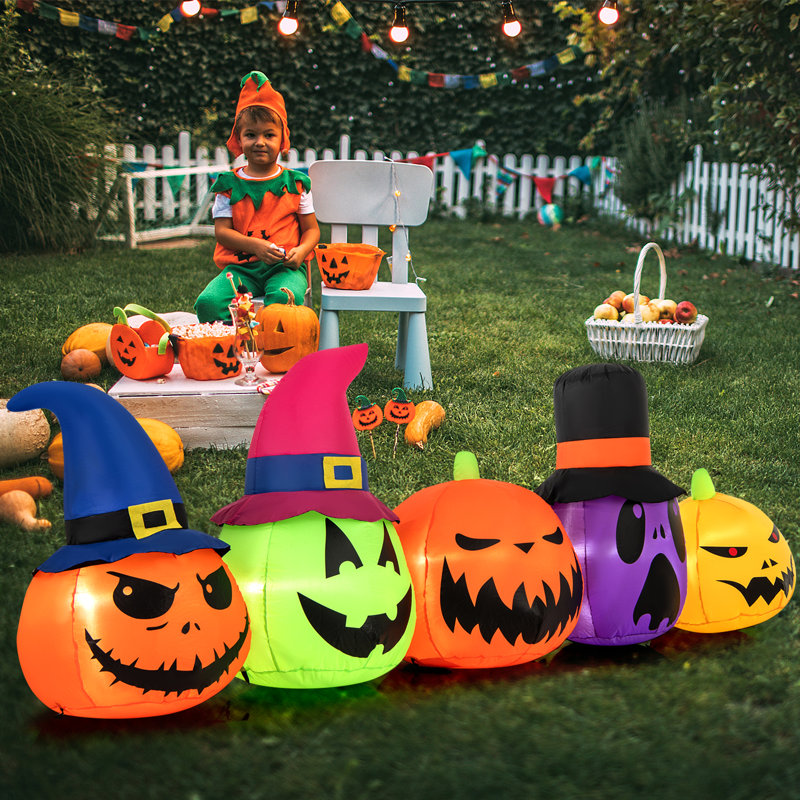 9 Ft Inflatable Multicolor Pumpkin Patch Family with LED Lights and Witch Hats