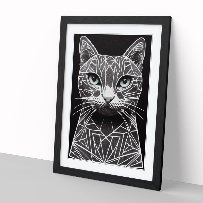 FRM-V0523-376X Cat Geometric - Single Picture Frame Print, 64cm H x 46cm W x 2cm D, Walnut Framed