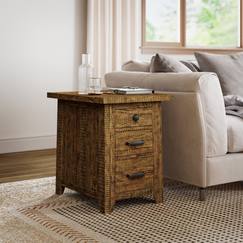 Braden Solid Wood Top 3 - Drawer End Table and Built-In Outlets, Gold